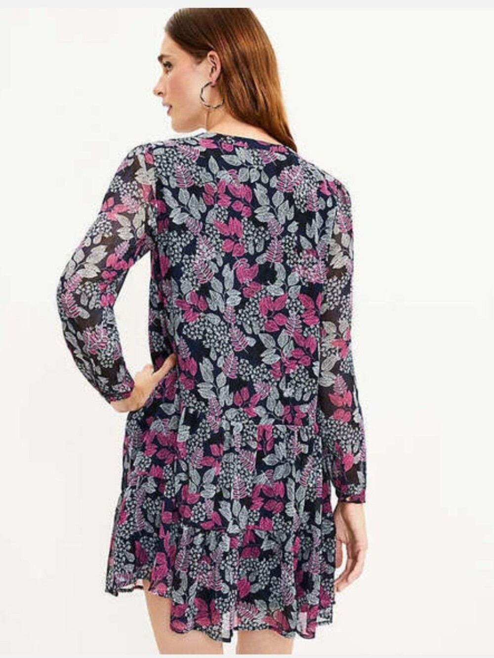 🔥🔥$8.00 LOFT Floral Tiered Mini Dress in Navy and Pink. Size Large - Picture 4 of 9